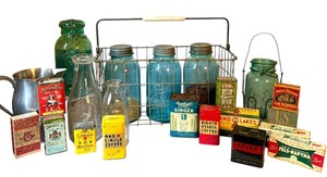 lot 216 image: Collection of Vintage Glass Ball Jars, Tins, and Primitive Finds