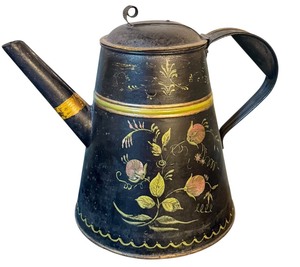 lot 274 image: Vintage Metal Tea Kettle or Watering Can with Hand-Painted Floral Design