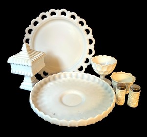 lot 347 image: 7-Piece Vintage White Milk Glass Serving Set with Platter, Candy Dish, Bowls, and Shakers