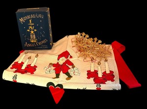 lot 355 image: Swedish Christmas Apron, Musical Angel Chimes, and 6 Scandinavian Straw Ornaments
