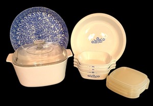 lot 352 image: Assorted Vintage Corning Ware Casserole Dishes and Stangl Town and Country Pottery Pie Plate