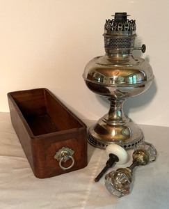 lot 358 image: Vintage Oil Lamp Base with Decorative Wooden Sewing Cabinet Drawer and Doorknobs