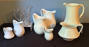 lot 385 image: Set of 7 Vintage Ceramic Pitchers and Creamers and one Vintage Pressed Glass Creamer