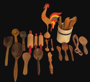 lot 386 image: Assorted Vintage and Antique Wooden Utensils with Crock