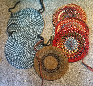 lot 392 image: Assorted Vintage Chair Pads including Vintage Braided Circular Chair Pads