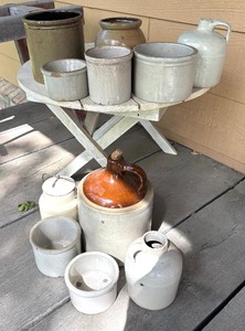 lot 396 image: Collection of Vintage Stoneware Crocks and Rustic Round Wooden Table
