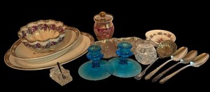 lot 395 image: Vintage Glassware, Pair of Vintage Glass Blue Candle Holders and More