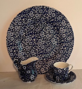 lot 420 image: Vintage Blue Floral Ironstone Dinner Set - Platter, Demitasse Cup and Saucer, and Creamer