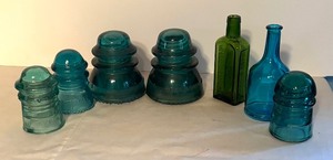 lot 423 image: Collection of Vintage Glass Insulators and Bottles
