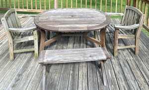lot 405 image: Wood Table Patio Set with Chairs and Bench