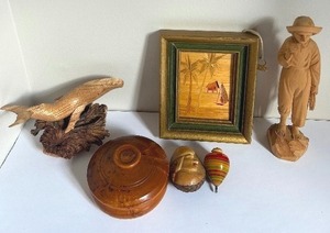 lot 408 image: Collection of Vintage Woodcrafted Items including Figurine and Artwork