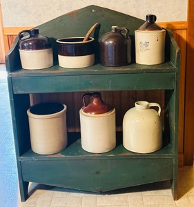 lot 170 image: Collection of 6 Ceramic Jugs and Pottery with Vintage Wooden Shelf
