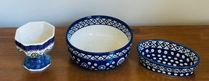 lot 171 image: Set of 3 Polish Pottery Pieces Bowl, Dish, and Compote