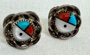 lot 12J image: Native American Zuni Sunface Sterling Silver Earrings with Turquoise and Coral