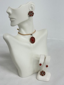 lot 16J image: Sterling Silver and Coral Jewelry Set with Pendant and Earrings