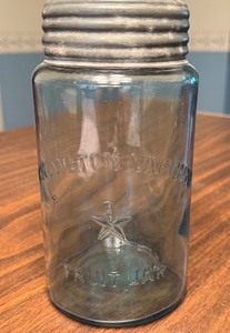 lot 20C image: Vintage Knowlton Vacuum Fruit Jar with Metal Lid  Vintage Blue Glass Knowlton Fruit Jar
