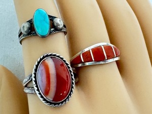 lot 37J image: Set of 3 Sterling Silver Rings with Coral, Agate, and Turquoise Stones