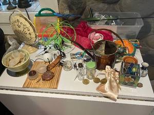 lot 202 image: Assorted Decorative Items, Glassware, and Novelty Coins