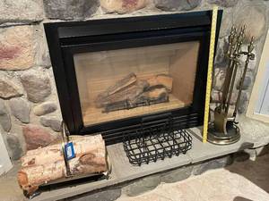 lot 206 image: Brass Fireplace Tool Set with Log Holder Basket and Birch Wood