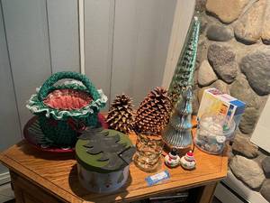lot 217 image: Assorted Holiday Decorations with Pinecones, Trees, Basket, and More