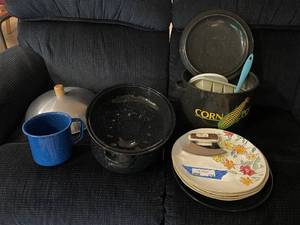 lot 218 image: Assorted Kitchenware Set with Enamelware and Corn Pot