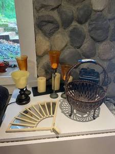 lot 223 image: Assorted Home Decor Items including Candlesticks and Baskets