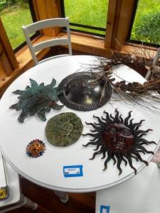 lot 24 image: Collection of 6 Sun Face Metal and Ceramic Wall Plaques with Wreath