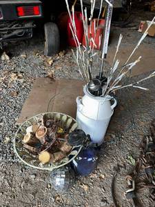 lot 66 image: Decorative Lot Milk Can with LED Branch Lights & Assorted Decor Pieces