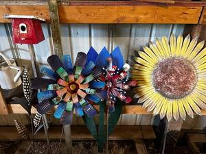 lot 75 image: Set of 3 Metal Flower Yard Art Sculptures with Birdhouse and Watering Can
