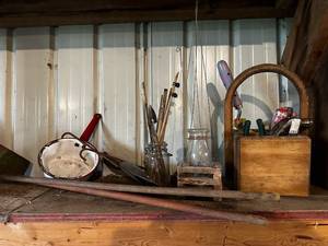 lot 76 image: Collection of Vintage and Rustic Garden Tools with Carrying Box