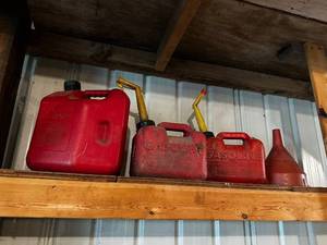 lot 77 image: Collection of 3 Used Gasoline Cans with Spouts and Funnel