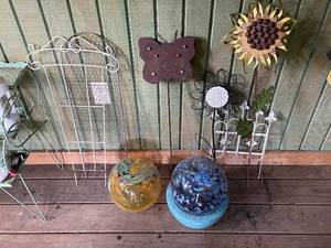 lot 97 image: Collection of Garden Decor Items Including Wire Obelisks and Glass Globes