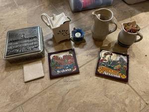 lot 232 image: Collection of Vintage Decorative Items Including Plates, Tins, and Pitchers