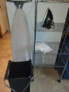 lot 285 image: Ironing Board with Iron, Hamper, and Mesh Laundry Bag