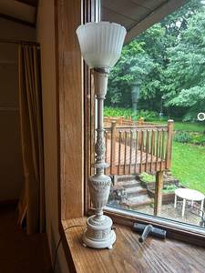 lot 421 image: Antique Metal Floor Lamp with Frosted Glass Shade
