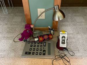 lot 488 image: Mixed Office Supplies with Electronics and Decor Lot with Plush Toy and Umbrella