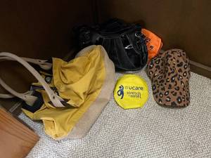 lot 489 image: Collection of Handbags, Leopard Print Hat, and Portable Visors