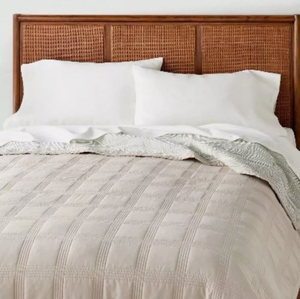 lot 213 image: FullQueen Hearth & Hand with Magnolia Stitched Taupe Windowpane Quilt