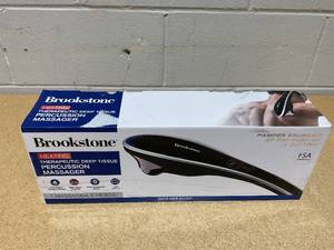 lot 240 image: Brookstone Handheld Percussion Body Massager, 4 Vibration Modes, 5 Interchangeable Heads