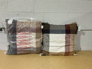 lot 359 image: LOT OF 2 Oversized Woven Plaid Square Throw Pillow BrownCreamRed Threshold Studio McGee