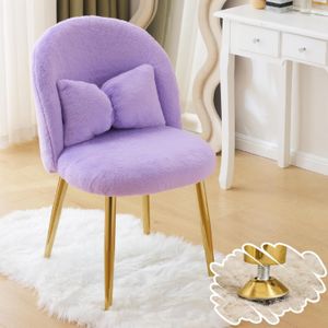 lot 465 image: VINGLI Fluffy Girls Vanity Chair with Back & Pillow,Cute Small Cozy Desk Chair No Wheels,Comfy Makeup Ch with Ajustable Gold Legs,for Bedroom,Living Room,Small Space,Purple