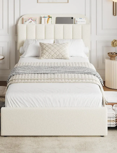 lot 159 image: Twin Boucle Upholstered Platform Bed with 2 Drawers, Ivory White