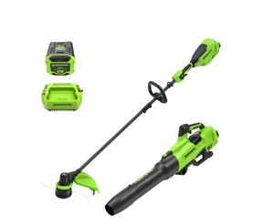 lot 170 image: Greenworks 60V 16 Front Mount Carbon Fiber String Trimmer, 750 CFM at 180 mph Blower Kit  2.5Ah Battery & 3A Charger