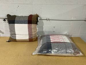 lot 252 image: LOT OF 2 Oversized Woven Plaid Square Throw Pillow BrownCreamRed Threshold Studio McGee