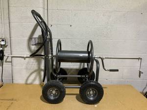 lot 191 image: XtremepowerUS Garden Hose Reel Cart, Heavy Duty Water Planting Cart wNon-slip Crank Handle, 4 Pneumatic Wheels, Outdoor Hose Reel Holds 300ft