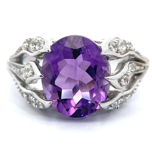 lot 12 image: NEW 3.68 Carat Oval Amethyst & White Topaz Flower Garden Ring VIDEO
