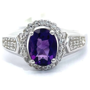 lot 19 image: NEW Oval Amethyst & PavNatural Diamond Halo Ring VIDEO