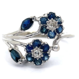 lot 11 image: Blue Sapphire & Natural Diamond Flower Trellis Estate Ring in 14k White Gold $1,850 Retail VIDEO