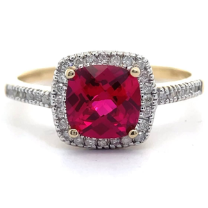 lot 22 image: NEW 0.15 Carat Ruby & PavNatural Diamond Halo Ring in 14k Yellow Gold VIDEO