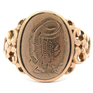 lot 32 image: Vintage Engraved F Signet Ring with Open Scroll Shank in 14k Yellow Gold